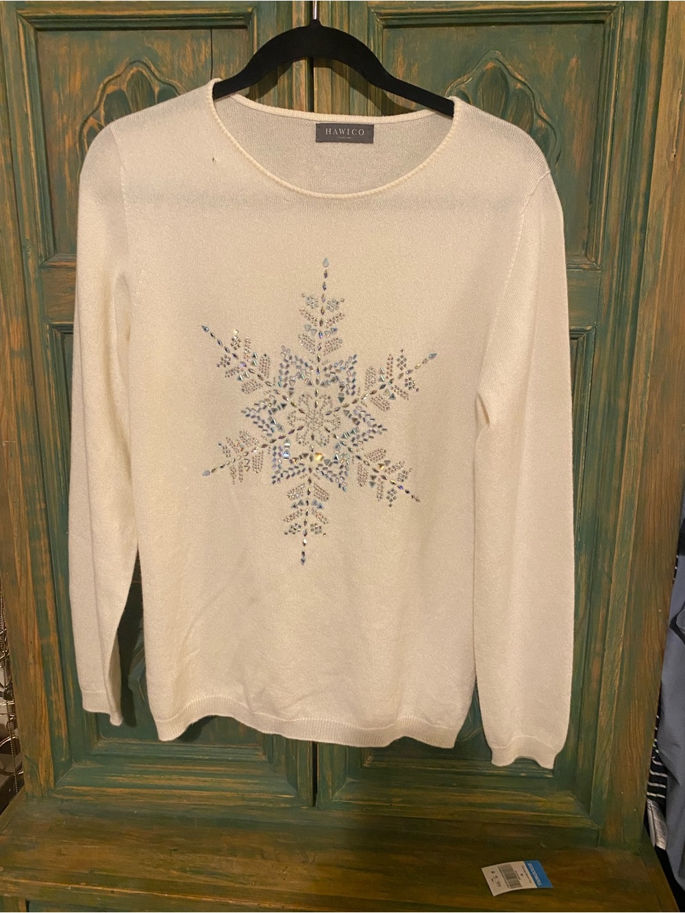 Hawico Cashmere Cream Crewneck Sweater with Crystal Snowflake